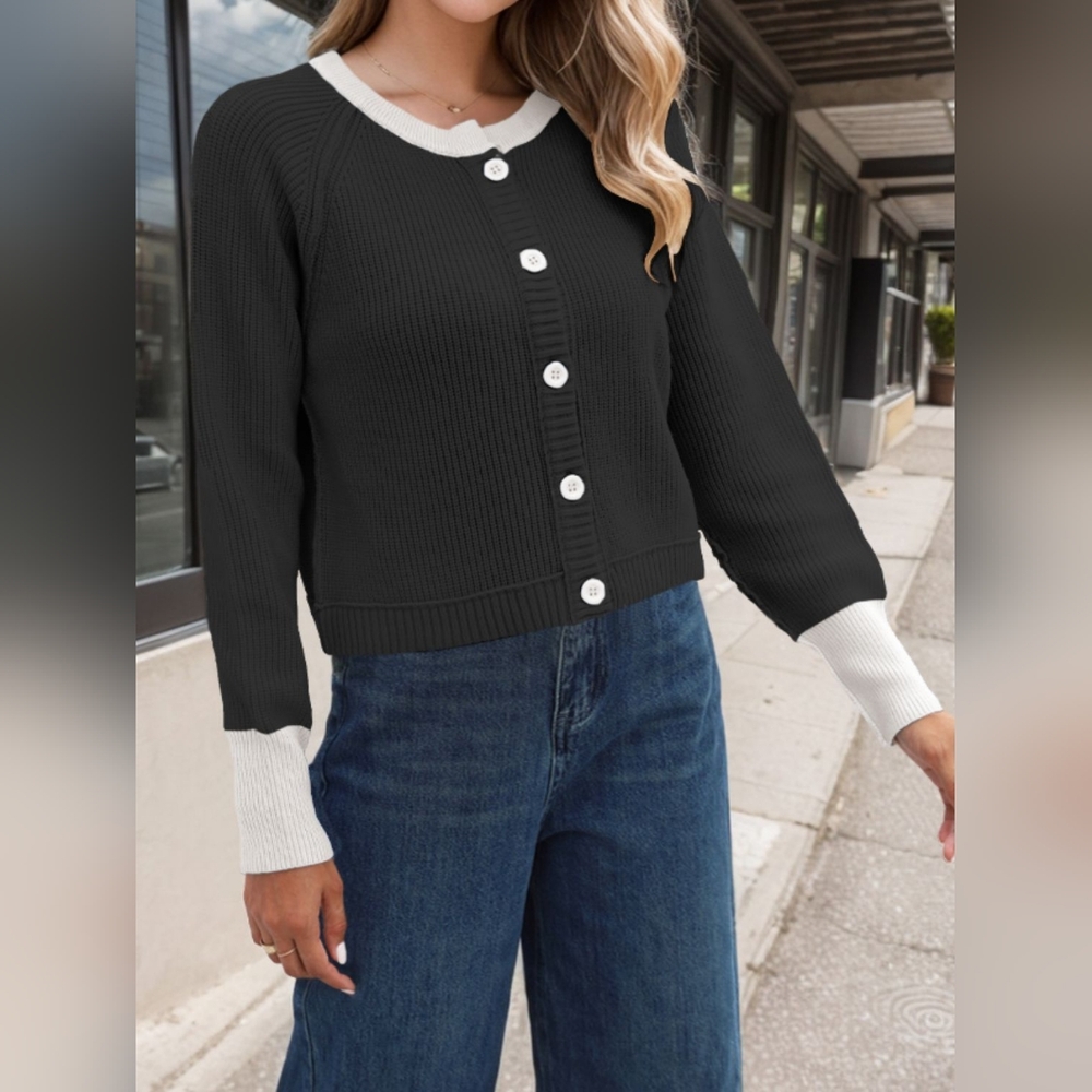 Contrast Button Up Long Sleeve Cardigan - Picture 3 of 6